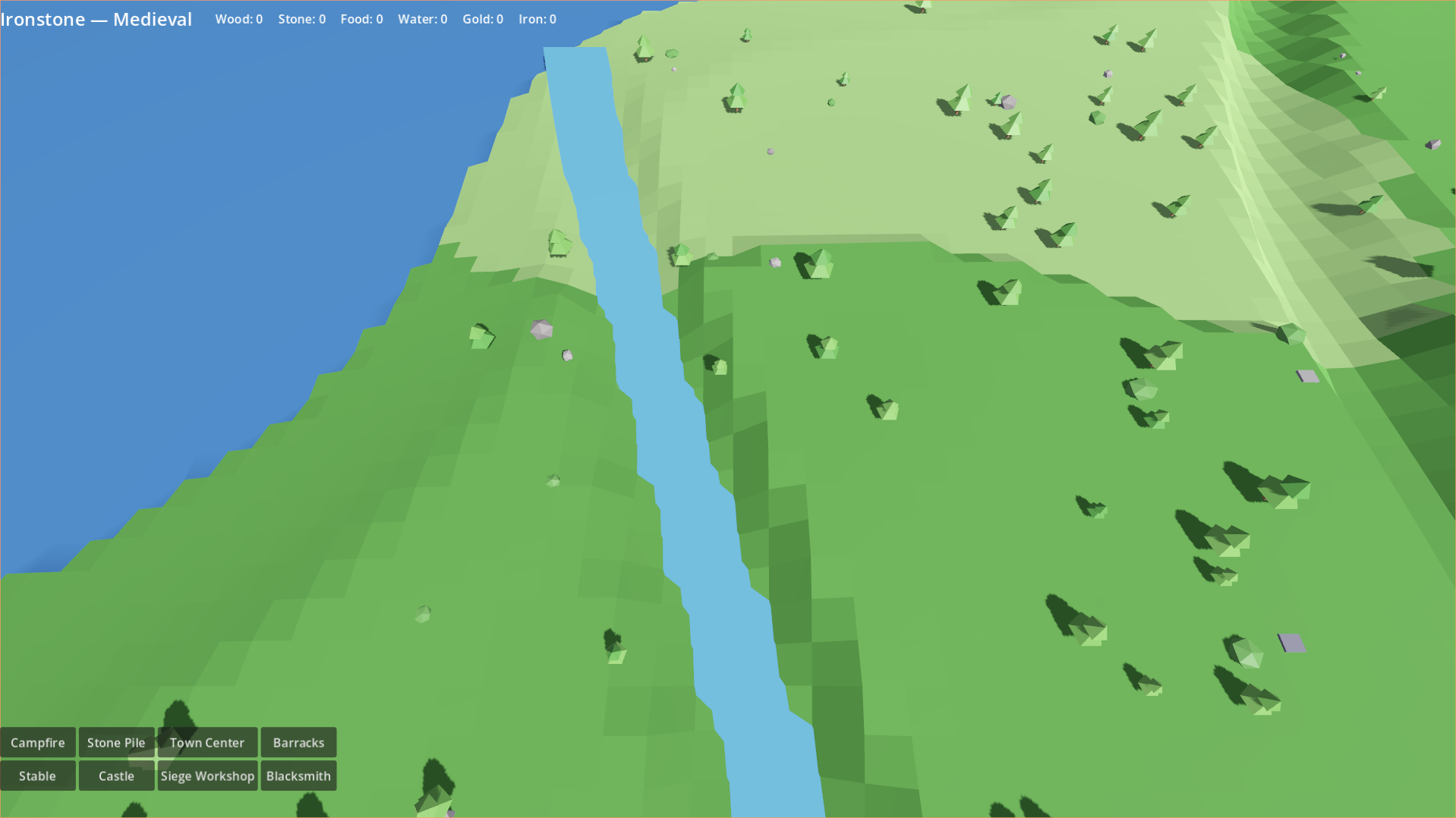 Low-poly terrain from Polyverse: a river cutting through green highlands, with the Ironstone build menu along the bottom of the screen