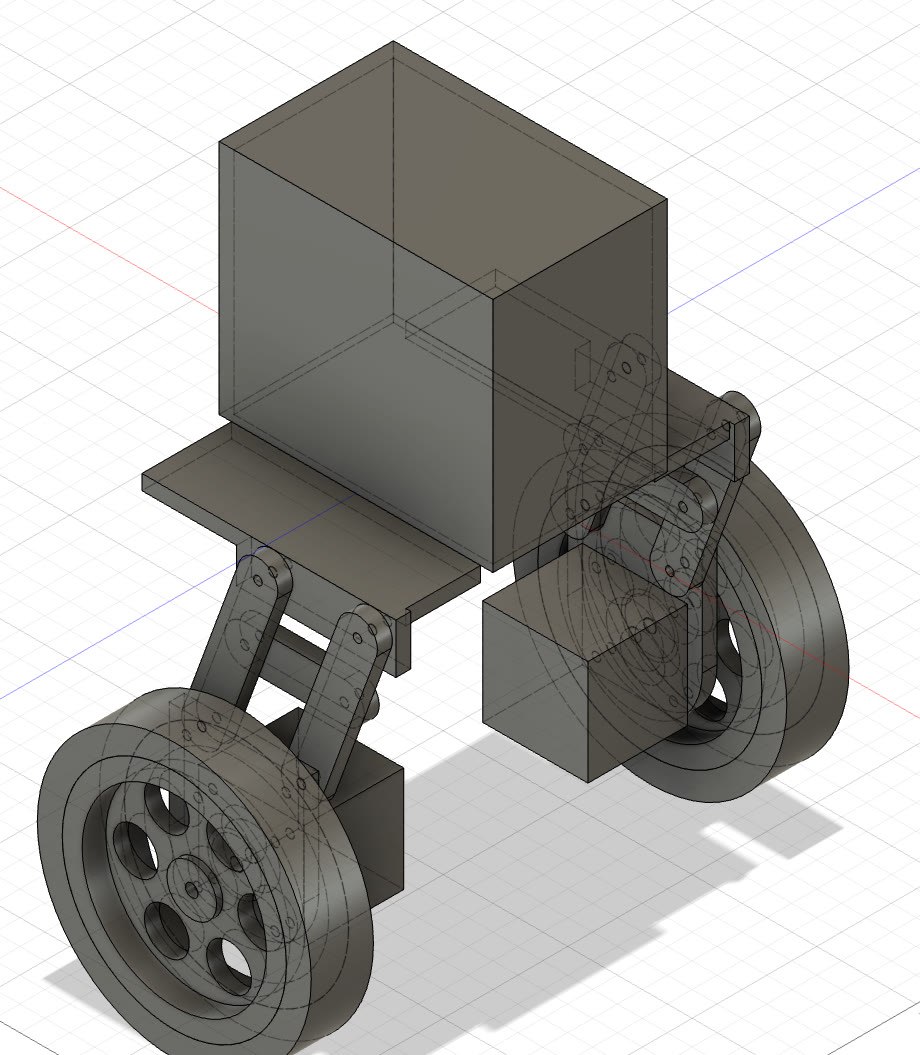 CAD assembly of Zingu v0.2.0: a boxed chassis carried on two articulated leg linkages, each ending in a large spoked wheel